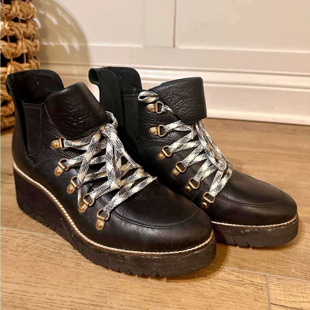 Cole Haan Black Leather Ankle Boots with Gold Accents
